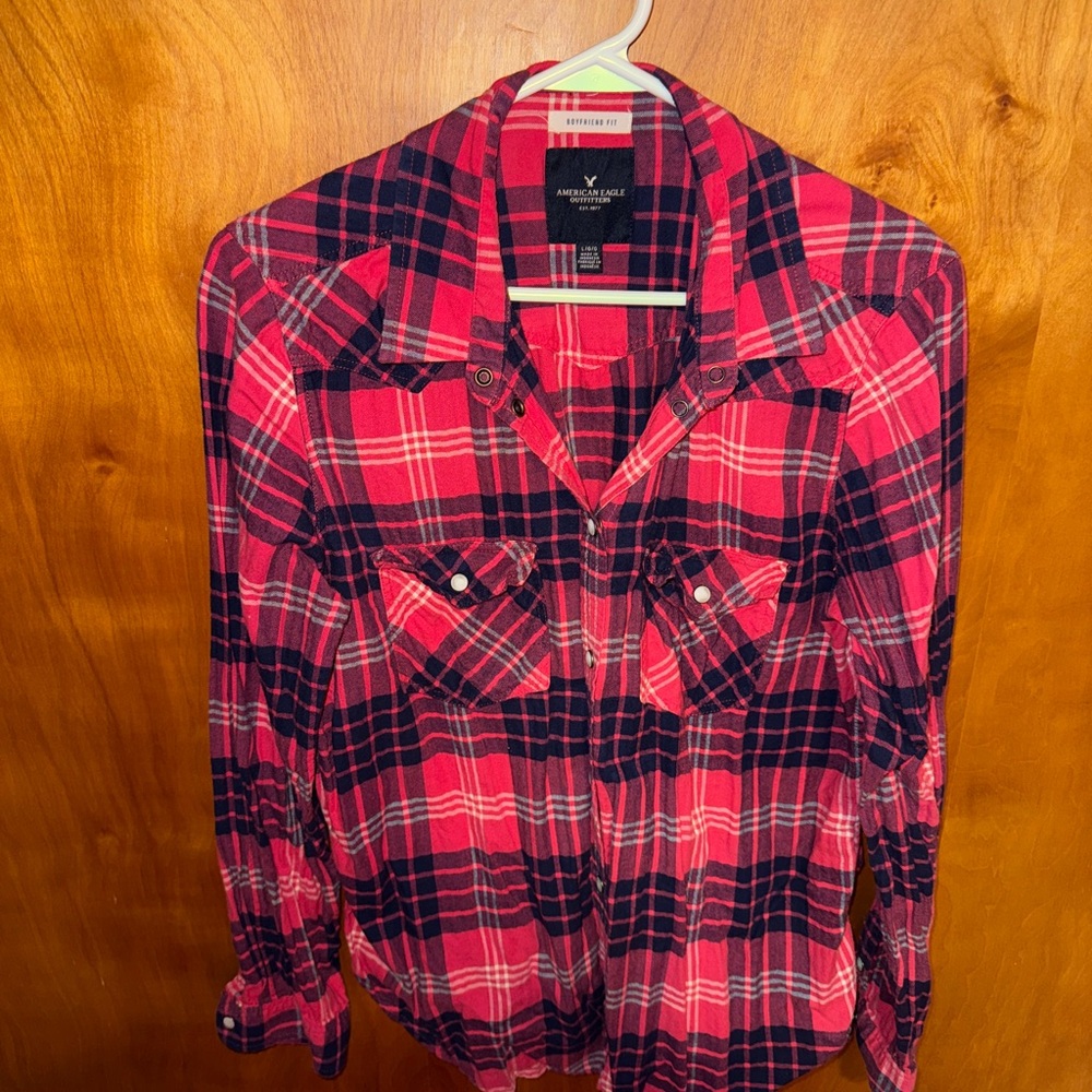 American Eagle Outfitters Pink and Blue Flannel with Snap Buttons